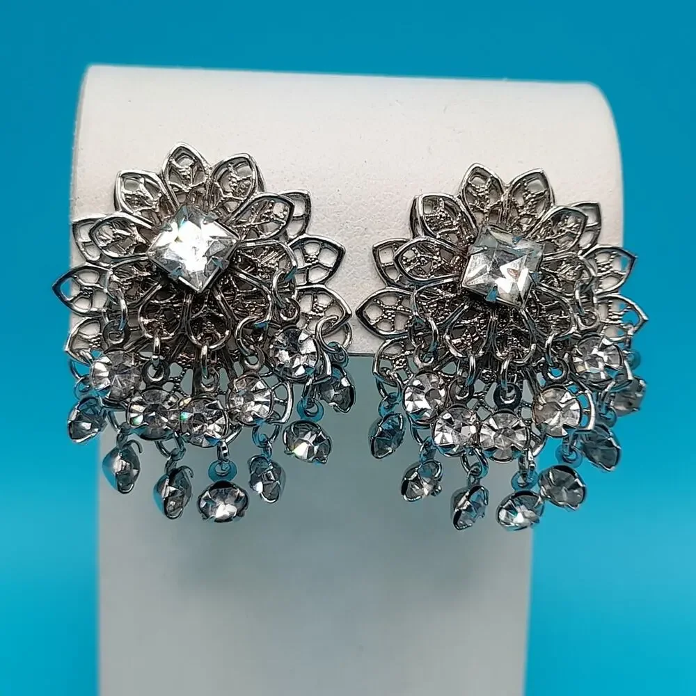 Vintage Waterfall Rhinestone Filigree Clip-On Earrings Tassel Dangle
